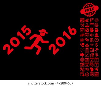 Run to 2016 Year icon with bonus calendar and time management design elements. Vector illustration style is flat iconic symbols, red color, black background.