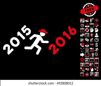 Run to 2016 Year icon with bonus calendar and time management icon set. Vector illustration style is flat iconic bicolor symbols, red and white colors, black background.