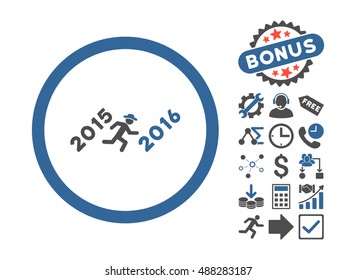 Run to 2016 Year pictograph with bonus pictograph collection. Vector illustration style is flat iconic bicolor symbols, cobalt and gray colors, white background.