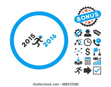 Run to 2016 Year pictograph with bonus design elements. Vector illustration style is flat iconic bicolor symbols, blue and gray colors, white background.