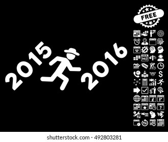 Run to 2016 Year pictograph with bonus calendar and time management icon set. Vector illustration style is flat iconic symbols, white color, black background.