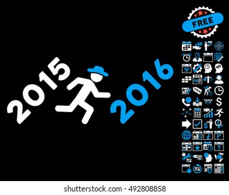 Run to 2016 Year pictograph with bonus calendar and time management pictures. Vector illustration style is flat iconic bicolor symbols, blue and white colors, black background.