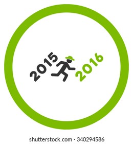 Run To 2016 Year vector icon. Style is bicolor flat circled symbol, eco green and gray colors, rounded angles, white background.