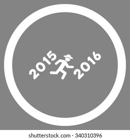 Run To 2016 Year vector icon. Style is flat circled symbol, white color, rounded angles, gray background.