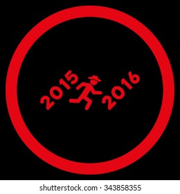 Run To 2016 Year vector icon. Style is flat circled symbol, red color, rounded angles, black background.