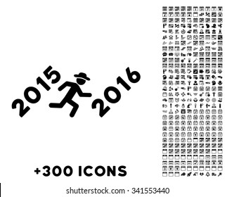 Run To 2016 Year vector pictogram with additional 300 date and time management icons. Style is flat symbols, black color, rounded angles, white background.