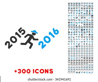 Run To 2016 Year vector pictogram with additional 300 date and time management icons. Style is bicolor flat symbols, blue and gray colors, rounded angles, white background.