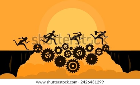 Run across the gear bridge through the cliff gap. business concept 