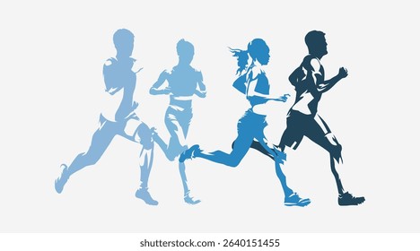Run, athletics, running men and women, track and field athletes, group of abstract isolated vector silhouettes. Sports