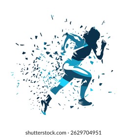 Run, athletics, running woman with distortion effect, female sprinter clipart, abstract blue isolated vector silhouette, side view