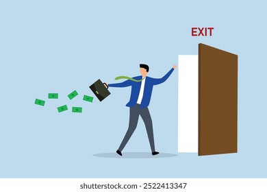 run away before market drop, successful businessman investor is leaving with his profit money through the exit door.