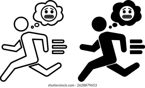 Ícones de 'Fuga'. Ilustrações de vetor em preto e branco. Homem Assustado Fugindo Rápido. Executando Conceito