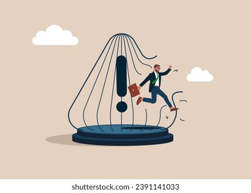 Run away from problems. Businessman breaking out the cage big exclamation attention sign. Escape from the prison. Vector illustration.