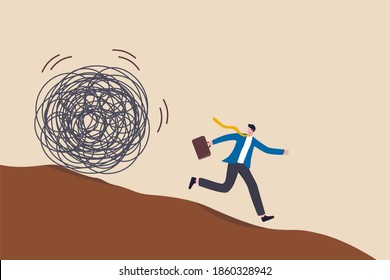 Run away from trouble, avoid from working stress, conflict with people or escape from financial problem or economic crisis concept, fear businessman running away from trouble circle.
