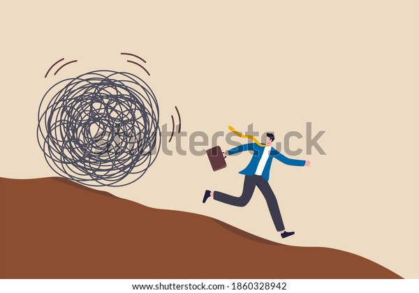 Run away\
from trouble, avoid from working stress, conflict with people or\
escape from financial problem or economic crisis concept, fear\
businessman running away from trouble\
circle.