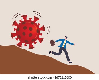 Run away from virus disease outbreak concept, risk or danger in Virus crisis concept, businessman run away from rolling COVID-19 virus pathogen stone down the hill.