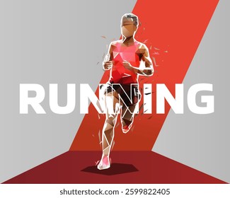 Run background, running woman, low poly isolated vector illustration. Side view. Female runner banner