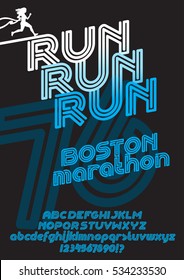 Run Boston marathon sport font. Retro Vintage typeface. Line Alphabet. Type letters and numbers. 