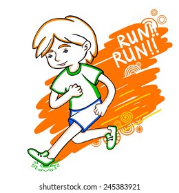 Run boy color vector illustration. Healthy lifestyle background.