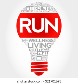 RUN bulb word cloud, health concept