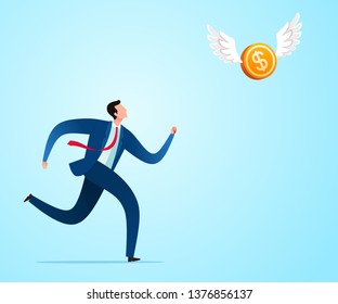 Run to chase flying money in the sky. Business concept illustration.