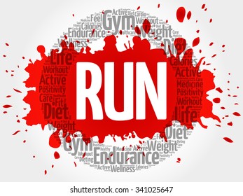 RUN circle stamp word cloud, fitness, sport, health concept