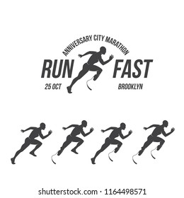 Run club logo, emblem with abstract running man silhouette, label for sports club, sport tournament, competition, marathon and healthy lifestyle vector illustration.