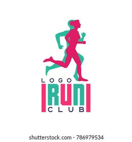 Run club logo, emblem with abstract running people silhouettes, label for sports club, sport tournament, competition, marathon and healthy lifestyle vector illustration