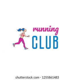 Run club logo, emblem with cartoon running girl for sports club, sport tournament, competition, marathon and healthy lifestyle vector illustration.