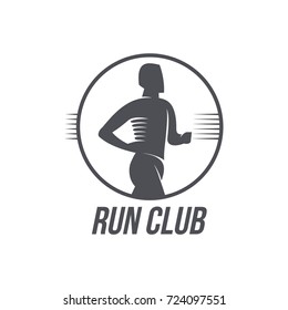 Run club logo, logotype template with jogging man, black and white vector illustration isolated on white background. Run club logo, badge, label design with half length portrait of running man