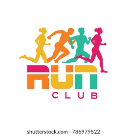 Run club logo template, colorful emblem with abstract running people silhouettes, label for sports club, sport tournament, competition, marathon and healthy lifestyle vector illustration