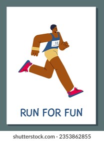 Run competition or sport activity banner design with cartoon running man character, flat vector illustration. Run sport activity banner or poster template.