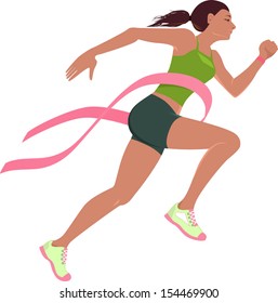 Run For The Cure. Young Woman Running With A Pink Breast Cancer Ribbon Across Her Chest, Symbolizing Breast Cancer Awareness Fundraising Event. Vector Illustration, No Transparencies