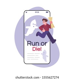 Run Or Die Social Media Post Smartphone App Screen. Mobile Phone Display With Cartoon Character Design Mockup. Thematic Strategy Game. Horror Escape Room Application Telephone Interface