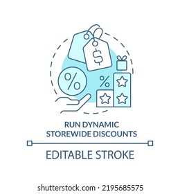 Run dynamic storewide discounts turquoise concept icon. Optimizing online business abstract idea thin line illustration. Isolated outline drawing. Editable stroke. Arial, Myriad Pro-Bold fonts used
