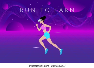 Run to earn, NFT games in metaverse concept. Woman wearing virtual reality goggles and running on futuristic neon metaverse background.