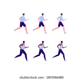Run exercise workout concept. Vector flat illustration set. Collection of caucasian and african american ethnic young male runner isolated on white. Design element for marathon, fitness, sport.