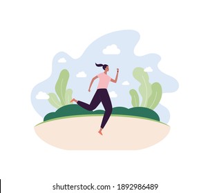 Run exercise workout concept. Vector flat illustration. Young mixed ethnic female runner in sport training outfit on nature outdoor background. Woman jogging. Energy lifestyle.