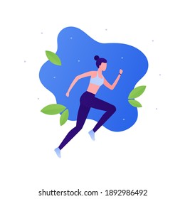 Run exercise workout concept. Vector flat illustration. Young female runner in sport training outfit on blue background. Leaf eco symbol. Woman jogging. Health energy lifestyle.