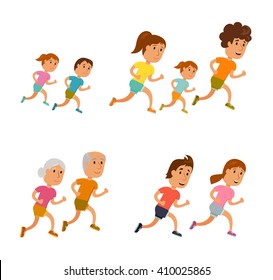 Run family, old couple and child. 