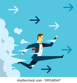 Run fast. Businessman run through the mist. Concept business vector illustration.