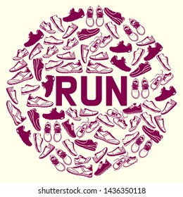 Run faster lettering poster running shoes vector sneakers or trainers with text signs for typography illustration set of runners inscriptions go run footwear silhouette flyer. Motivation concept.