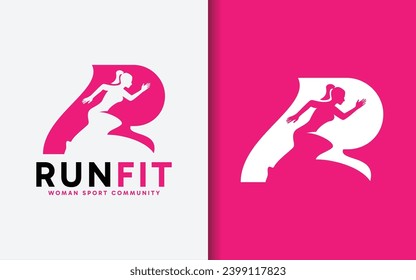 Diseño del logotipo Run Fit. Resumen Letra inicial R combinada con silueta de mujer en funcionamiento. Ilustración vectorial con logotipo deportivo.