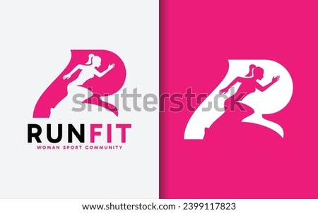 Run Fit Logo Design. Abstract Initial Letter R Combined with Running Woman Silhouette. Sport Logo Vector Illustration. [[stock_photo]] © 