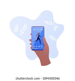 Ejecute el concepto de seguimiento de aplicaciones de fitness. Ilustración plana vectorial. Mano sosteniendo un smartphone. Silueta de corredora femenina con iconos de actividad deportiva en la pantalla del teléfono inteligente. Forma cardíaca con forma de pulso de latido cardíaco.