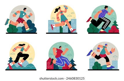 Run. Fitness sport, healthy lifestyle. Runner marathon. Exercise, fit athlete. Active woman and man in park and city street. Vector person tidy exercise concept, Vector cartoon flat style illustration