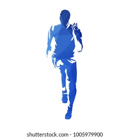 Run. Front view of polygonal running man, blue vector silhouette