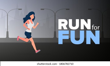 Run for fun banner. The girl is running. A woman in shorts and a T-shirt is jogging. Vector.