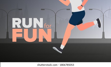 Run for fun banner. The guy is running. Running legs close-up. Vector.