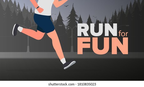 Corre por un banner divertido. El tipo está corriendo. Las piernas en marcha de cerca. Vector.